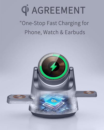 4-in-1 Magnetic Wireless Charging Station with Night Light – Fast Charger Dock for iPhone 17/16/15/14/13, Apple Watch, AirPods – Adjustable Angle MagSafe-Compatible Desk & Bedside Charging Stand