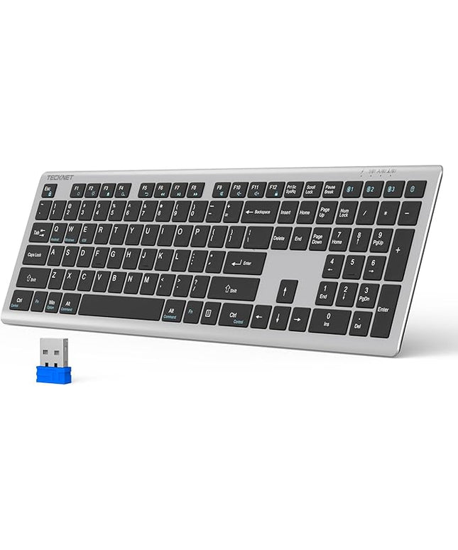 TECKNET Bluetooth Keyboard Rechargeable, 4-Device (2.4G+BT) Wireless Keyboard, Full Size Computer Keyboard with Stand, Ultra-Slim Quiet Typing, for PC/Laptop/Smart TV/Phone/Tablet, 12 Hotkeys