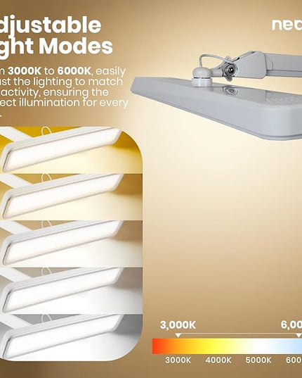 Neatfi (New Model) XL 2,500 Lumens LED Task Lamp, 5 Light Modes, 3000-6000K Correlated Color Temperature, 30W, Dimmable, 324 Pcs SMD LED, Desk Light for Home, Office (CCT with Base, White)