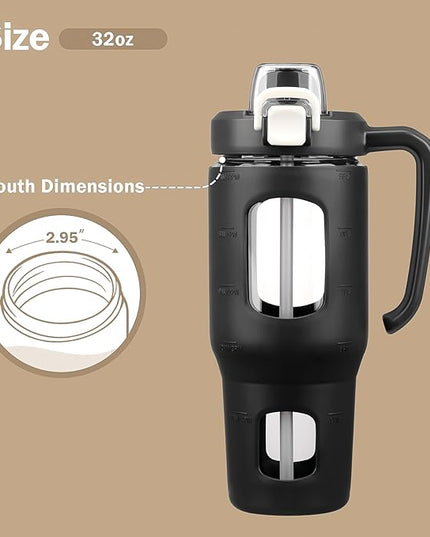 32oz Glass Tumbler with Straw Handle and 2-IN-1 Sip & Spout Lid, Reusable Iced Coffee Cup for Smoothie, Matcha, Leakproof Glass Water Bottle with Straw and Silicone Sleeve, BPA Free-Black