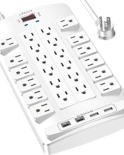 QINLIANF Surge Protector Power Strip - 6Ft Flat Plug Heavy Duty Extension Cord with 24 Outlets and 4 USB Ports(2 USB-C Ports), 1875W/15A, 4100J, for Home, Office, Dorm, ETL Listed, White