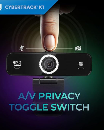 Adesso CyberTrack K1 1080P Full HD Fixed Focus USB Webcam with Adjustable View Angle Built-in Dual Microphones, Privacy Shutter, Audio/Video Mode Privacy ON/Off Switch & Tripod Mount