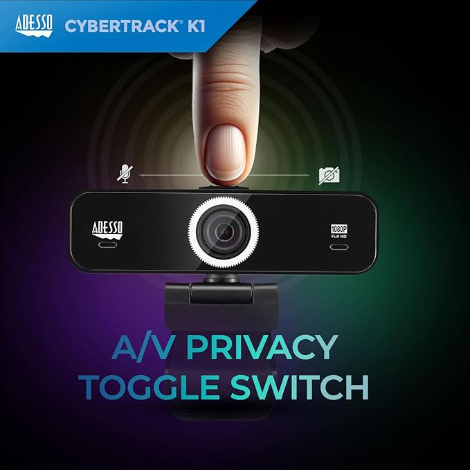 Adesso CyberTrack K1 1080P Full HD Fixed Focus USB Webcam with Adjustable View Angle Built-in Dual Microphones, Privacy Shutter, Audio/Video Mode Privacy ON/Off Switch & Tripod Mount