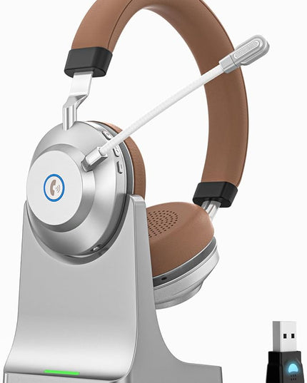 Wireless Headset with Mic for Work, Bluetooth Headset with Noise Cancelling Mic for Clear Calls, Bluetooth V5.3 Headphones with Mic Mute & USB Dongle, Charging Base for PC/Laptop/Phones/Call Center