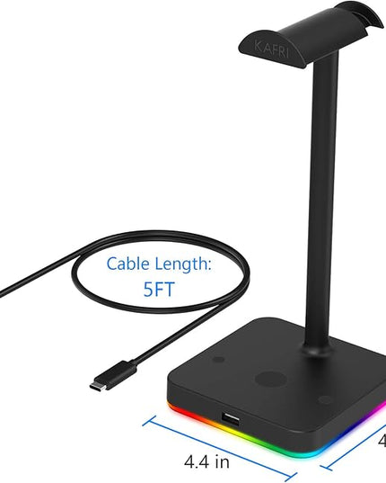 KAFRI RGB Headphone Stand with USB Hub Desk Gaming Headset Holder Hanger Rack with 1 USB2.0 Extension Charging Port Extender Cord - Suitable for Gamer Desktop Table Game Earphone Accessories, Black