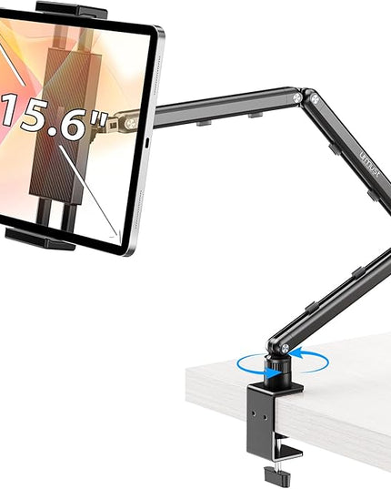 Urmust Tablet Stand for Desk, Adjustable iPad Holder Clamp Mount, 360° Rotation, Sturdy Aluminum Tablet Arm Mount for 4.7"-15.6" iPad Pro/Air/Mini, iPhone, Galaxy Tab, for Kitchen, Work, Video Call