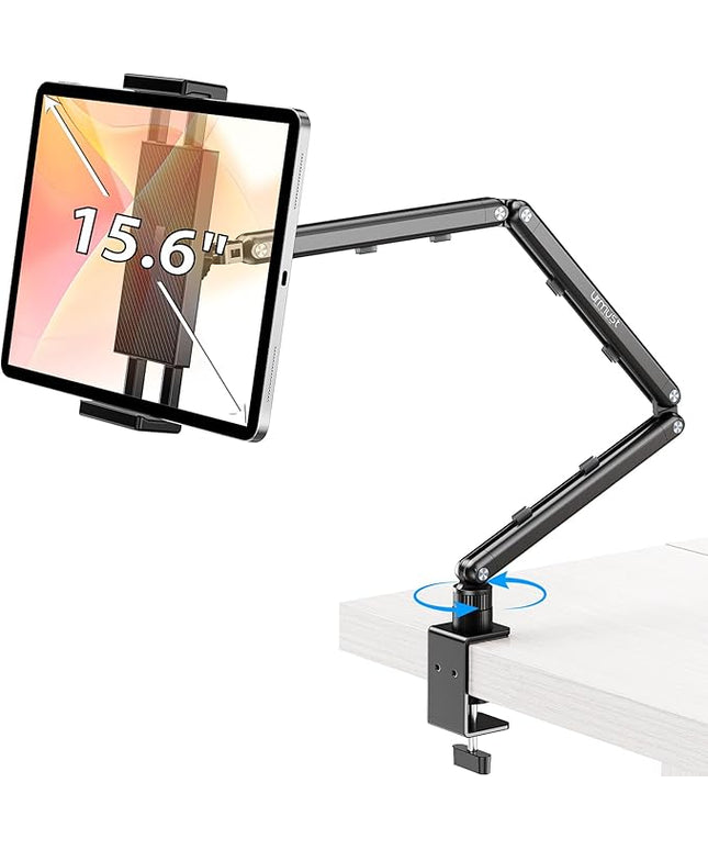 Urmust Tablet Stand for Desk, Adjustable iPad Holder Clamp Mount, 360° Rotation, Sturdy Aluminum Tablet Arm Mount for 4.7"-15.6" iPad Pro/Air/Mini, iPhone, Galaxy Tab, for Kitchen, Work, Video Call