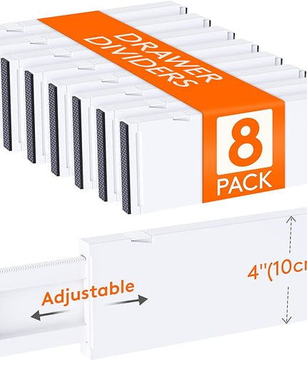 Lifewit 8 Pack Drawer Dividers 4" High, 11-17" Adjustable Dresser Drawer Organizers for Clothes, Expandable Drawer Separators in Kitchen/Bedroom/Bathroom/Vanity/Office Organization and Storage, White