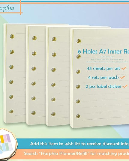 A7 Planner Refill,4 Packs per Set, Line Paper, A7 Binder Refills 6 Ring with Label Stickers Gift,Mini Binder Refills,6 hole/100gsm Thick Paper/4.84 x 3.23'', Harphia