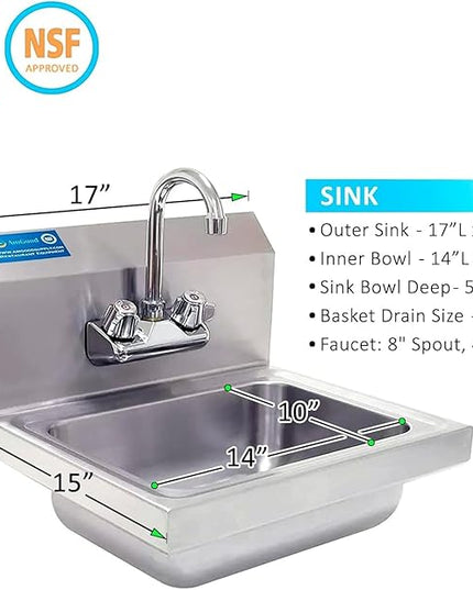 Express KitchQuip Commercial Hand Wash Sink – 15" x 17" Wall Mounted Stainless Steel Basin with Gooseneck Faucet | NSF Certified