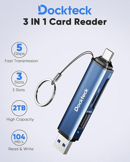 Dockteck SD Card Reader Adapter, 5G Super Speed USB3.0 SD/TF Card Reader, 3-Slot USB A/C to SD/Micro SD/USB A Memory Card Reader for UHS-I SD/Micro SD/SDHC/SDXC/MMC, with OTG for Plug&Play