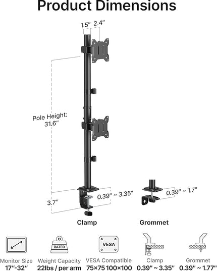 monTEK Stable Vertical Dual Monitor Mount, Stacked Desk Stand for Two 17-32 inch Screens, Full Motion Arm with Tilt, Swivel, Rotation, Supports 22 lbs per Arm, C-Clamp/Grommet Base, VESA 100×100mm Max
