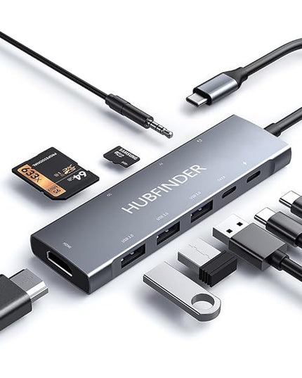 USB C Hub, HUBFINDER 9 in 1 Multiport Adapter with 100W Power Delivery，4K HDMI Output，3 USB3.0 and USB-C 5 Gbps Data Ports，SD/TF Card Reader，3.5mm Headphone Jack，for MacBook Air, MacBook Pro,iPad Pro