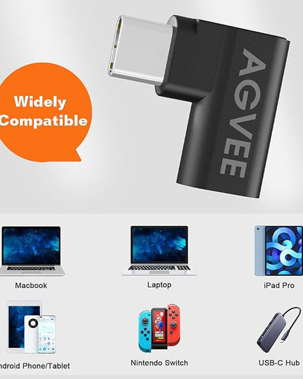 AGVEE 4 Pack Side Angle 90 Degree USB-C Male to USB-C Right Angled Female Adapter (Type-C 3.2 Gen 2) Converter Video Type-C 10G Data Extension Coupler Converter Connector, Black