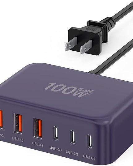 USB C Fast Charger, 100W GaN 6 Port Type C Charging Station Hub Block Cube, USB C Wall Charger Power Strip Adapter Plug for iPad iPhone 17 16 15 14 13 12 Pro Max Pixel Note Galaxy, 5ft Cord