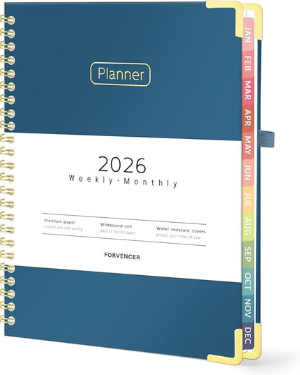 Forvencer 2026 Planner, Hardcover Calendar Planner Weekly and Monthly, Jan 2026 - Dec 2026, 6" x 8", Spiral Agenda Book with Tabs, Exquisite Daily Journal Organizer for Home School, Navy Blue