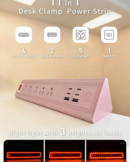 Desk Clamp Power Strip with Nightlight, 40W Fast Charging, 6FT Extension Cord, 4x20W USB-C & 2 USB Ports, 5 AC Outlets, Fits 1.69-Inch Table Edges