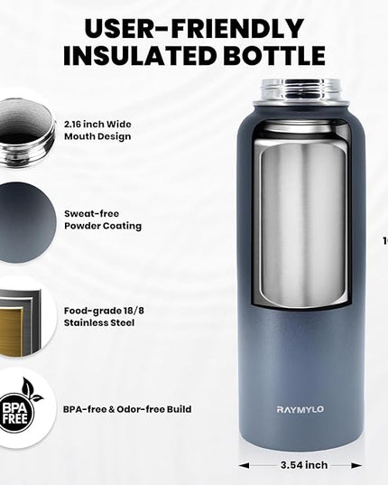 Insulated Water Bottle 40 oz, Triple Wall Vacuum Stainless Steel (Cold for 48 Hrs), Leak Proof & Non-BPA, Modern Water Flask Jug with Paracord Handle & Straw Spout Lids, Dark Grey