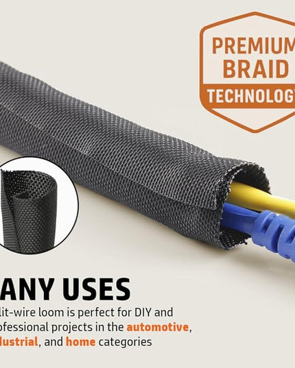 MGI SpeedWare Woven Mesh Split-Sleeve Wire Loom for High-Temperature Automotive Harness and Home Cable Management - 25 feet (1/4")