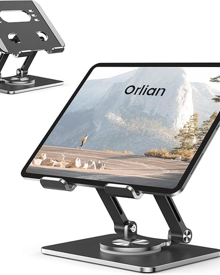 Tablet Stand Holder with Thickened 360°Rotating Base Dual Rod Adjustable Aluminum Stand for All 5.8-12.9” iPad Samsung Phone Tablet Kindle E-Reader and More, Black