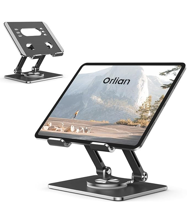 Tablet Stand Holder with Thickened 360°Rotating Base Dual Rod Adjustable Aluminum Stand for All 5.8-12.9” iPad Samsung Phone Tablet Kindle E-Reader and More, Black
