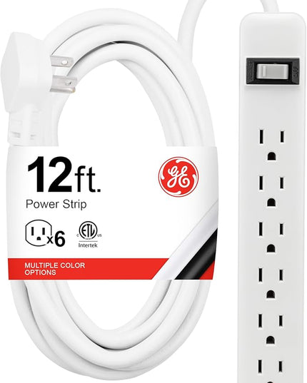 GE 6-Outlet Power Strip, 12 Ft Extension Cord, Flat Plug, Grounded, Integrated Circuit Breaker, 3-Prong, Wall Mount, ETL Listed, White, 45195