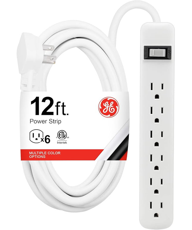 GE 6-Outlet Power Strip, 12 Ft Extension Cord, Flat Plug, Grounded, Integrated Circuit Breaker, 3-Prong, Wall Mount, ETL Listed, White, 45195