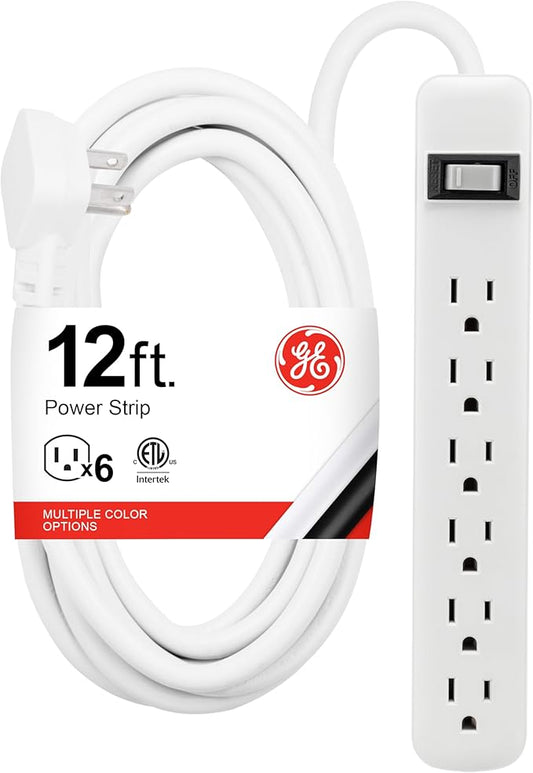 GE 6-Outlet Power Strip, 12 Ft Extension Cord, Flat Plug, Grounded, Integrated Circuit Breaker, 3-Prong, Wall Mount, ETL Listed, White, 45195