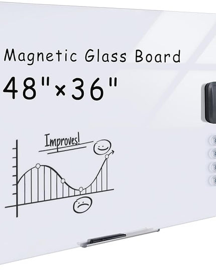 Mifuro Magnetic Glass Whiteboard，48"x36" Wall Mounted Frameless Dry Erase Board for Office, Home & School Ultra White