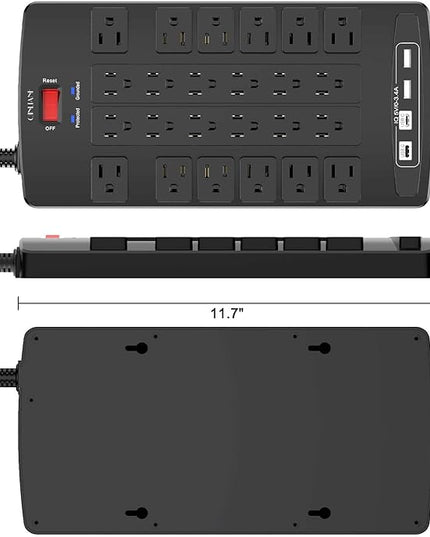 QINLIANF Surge Protector Power Strip - 6Ft Flat Plug Heavy Duty Extension Cord with 24 Outlets and 4 USB Ports(2 USB-C Ports), 1875W/15A, 4100J, for Home, Office, Dorm, ETL Listed, Black