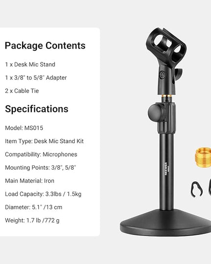 NEEWER Desk Microphone Stand, Adjustable Table Top Mic Holder Mount with Clip and 3/8" to 5/8" Adapter Compatible with Blue Yeti Snowball HyperX QuadCast SoloCast Shure, Max Load 3.3 lbs, MS015