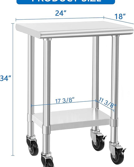 HARDURA Stainless Steel Commercial Table Prep & Work Table with Casters Heavy Duty Metal Table with Wheels NSF 430 18×24 Inches