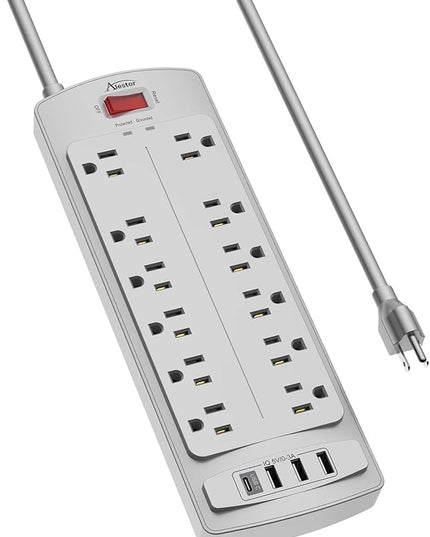 Power Strip, ALESTOR Surge Protector with 12 Outlets and 4 USB Ports, 6 Feet Extension Cord (1875W/15A), 2700 Joules, ETL Listed, Grey