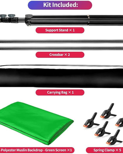 Green Screen Backdrop Kit, 5 x 6.5 ft Portable Chromakey Green Screen with T-Shaped Stand & Carrying Bag & 5 Clamps, Greenscreen Background for Streaming, Gaming, Zoom
