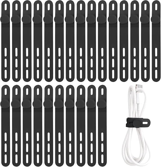 Oligei 25 Pcs Silicone Cable Ties, Cable Ties Reusable, High Elasticity Cord Wraps for Electrical Cords, Cord Organizer for Earphone, Phone Charger(Black)