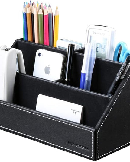 KINGFOM Pu Leather Desk Organizer with 5 Compartments Holder, Multi-Functional Office Supplies Storage Caddy for Pen/Pencil, Phones, Remote Controller and Desktop Accessorie Black