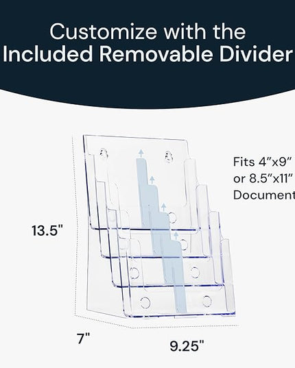 Acrylic Brochure Holder, 4 Tier Clear Literature - 8.5 x 11 inches, Pamphlet Holder, Wall Mount/Countertop Plastic Flyer Display Stand Organizer for Display Flyer, Booklet, Document