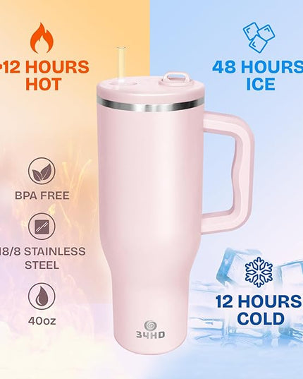 34HD 40 oz Stainless Steel Tumbler - Leakproof Insulated Water Bottle with Handle, Magnetic Lid and Flexible Straw - Iced for 48 Hours – Perfect for Men, Women, Birthday Gift, Pink - Rose Dust