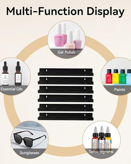 15" Nail Polish Rack Wall Mounted Shelf Acrylic Paints Gel Polish Organizer and Storage with End Caps for Nail Techs, Art Lovers, Great Display Salons, Floating Shelves for Wall, Black