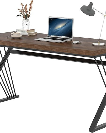 FOLUBAN Office Desk, Modern Wood and Metal Home Desk, Writing Study Work Desks for Bedroom, Industrial PC Gaming Table for Living Room, Walnut, 60 Inch