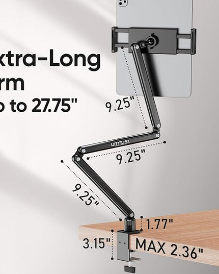 Urmust Tablet Stand for Desk, Adjustable iPad Holder Clamp Mount, 360° Rotation, Sturdy Aluminum Tablet Arm Mount for 4.7"-15.6" iPad Pro/Air/Mini, iPhone, Galaxy Tab, for Kitchen, Work, Video Call