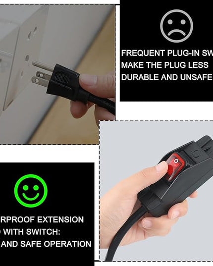 Weewooday 3 Prong Outdoor Extension Cord with Waterproof Switch 1875W Heavy Duty 14/3 SJT Cable Inline On/Off 15A 125V Grounded Outlets Plugs for Appliances (Black, 10 ft), (HU-XI-84)