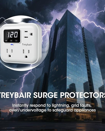 Surge Protector 3-Outlet Power Strip w/Advanced Voltage Protection, 80V-140V Power Surge Protectors for Refrigerator, TV, Computer | LED Display Voltage Monitoring Fireproof UL94V-1
