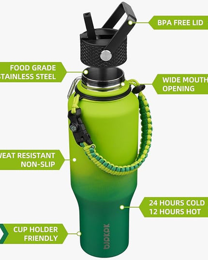BJPKPK Insulated Water Bottles with Straw Lid, 35oz Metal Water Bottle with 2 lids & Paracord Strap, Double Wall Stainless Steel Vacuum Tumblers, Cups, Mugs, Thermo for Hot& Cold Drinks, Bamboo Grove