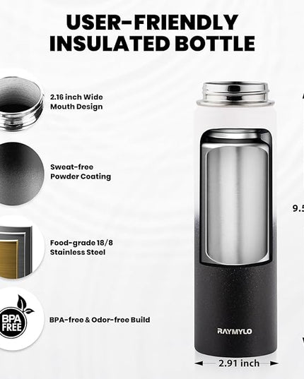 Insulated Water Bottle 20 oz, Triple Wall Vacuum Stainless Steel (Cold for 48 Hrs), Leak Proof & Non-BPA, Kids Water Bottle Jug for School with Straw Spout Lids, Ombre: White/Black