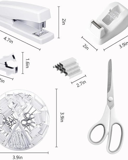 Office Supplies,Desk Accessories,with Stapler,Tape Dispenser,Staple Remover,Scissor,Ballpoint Pen,Sticky Notes,Clear Tape,Staples,Desk Organizer,Phone Stand,Binder,Index Tabs,Best Gift Set(White)