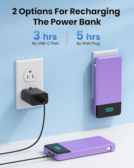 Portable Charger for iPhone with Built in Cables and Wall Plug,Upgraded 13800mAh Fast Charging USB C Power Bank,4 Outputs Travel Essential Battery Pack Compatible with iPhone 15/14/13,Samsung-Purple