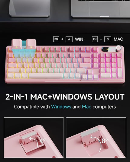V102 Wired Keyboard, 98 Keys Creamy Gaming Keyboard with Number Pad, Display Screen & Media Knob RGB Silent Wired Cute Computer Keyboard for Laptop PC Gamer - Gradient Pink