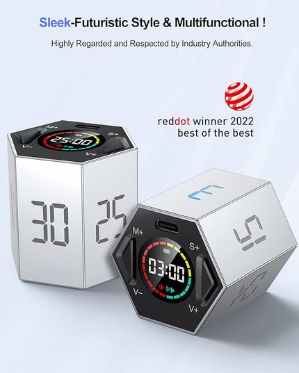 Ticktime Pomodoro Timer, Productivity Timer Cube, 3/5/10/15/25/30 Min Presets, Custom Countdown & Stopwatch 1s–99m59s, Sound/Vibration/Silent, Magnetic, Rechargeable, for ADHD Study Work, Gray