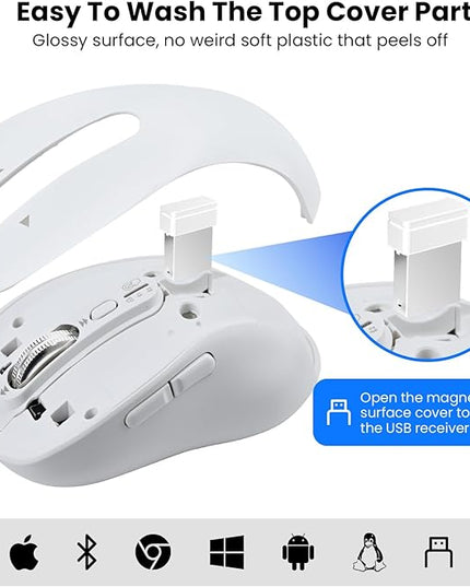Wireless Bluetooth Mouse Rechargeable,USB+BT×2,Multi Device Quiet Ergo Computer Mouse,Metal 4-Way Super Scrolling,± 3200 DPI,10 Button,Plug&Play,Cordless Mice for Laptop,Tablet,Mac,iPad,PC,Phone-White